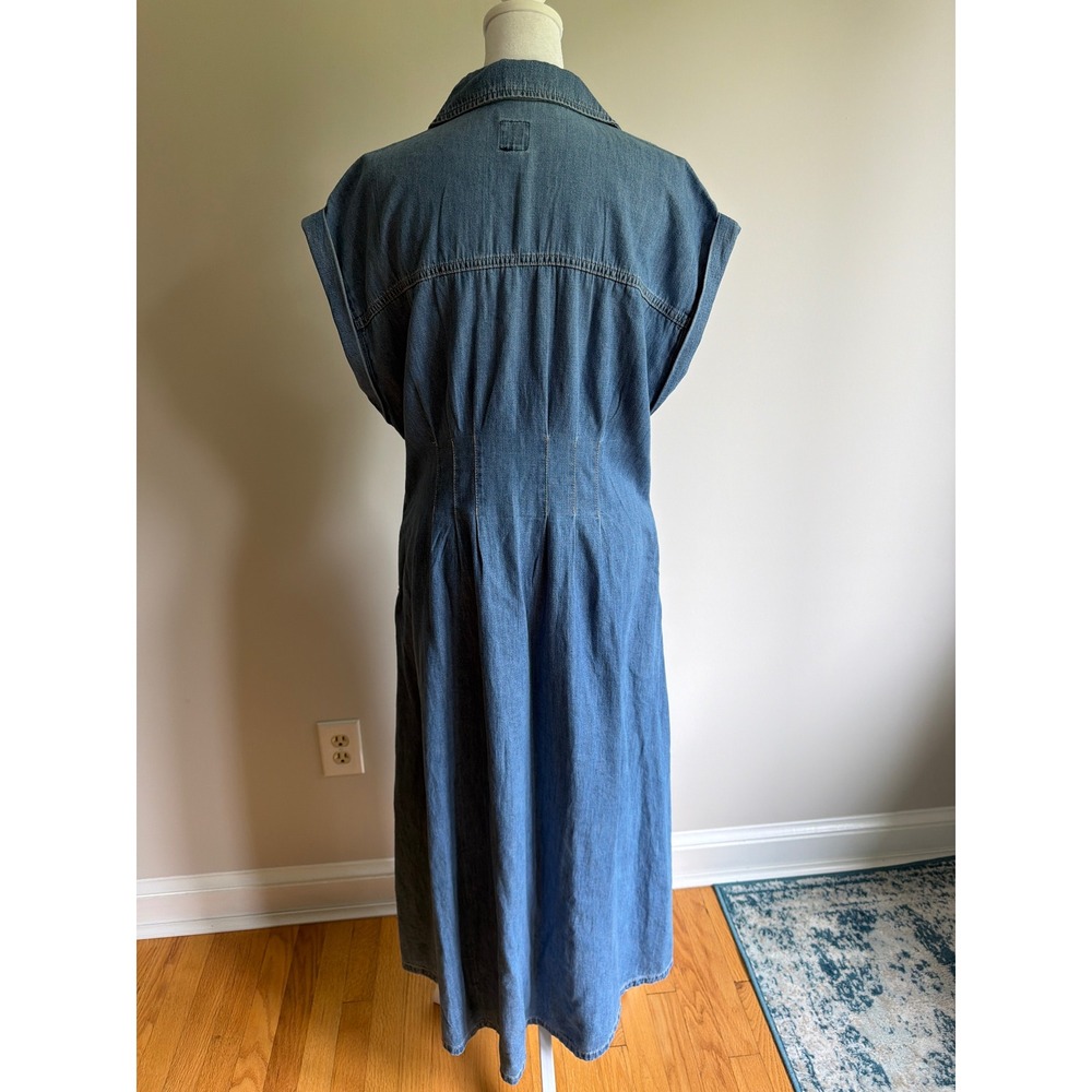 Gap Denim Midi Shirt Dress Medium Wash Blue Cotton Sleeveless Pleated Waist M - Picture 3 of 8